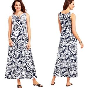 TALBOTS Graphic Botanical Maxi Jersey Knit Dress Back Zipper Black / White Sz M